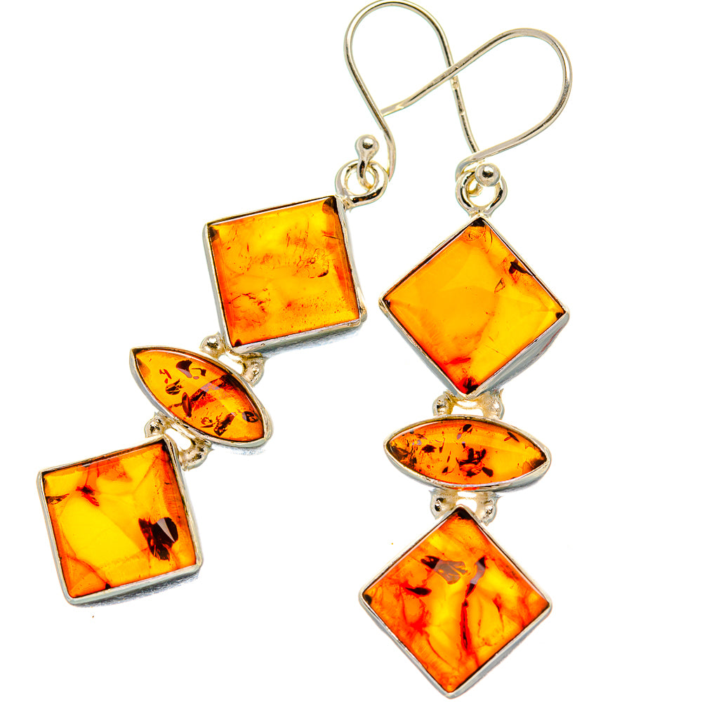 Amber multi-drop earrings with square and oval stones, 925 sterling silver