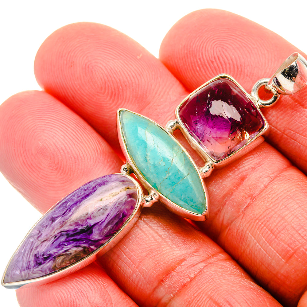 Charoite, Amazonite, Amethyst 925 Sterling Silver Pendant 2 1/2" (925 Sterling Silver) PD37711