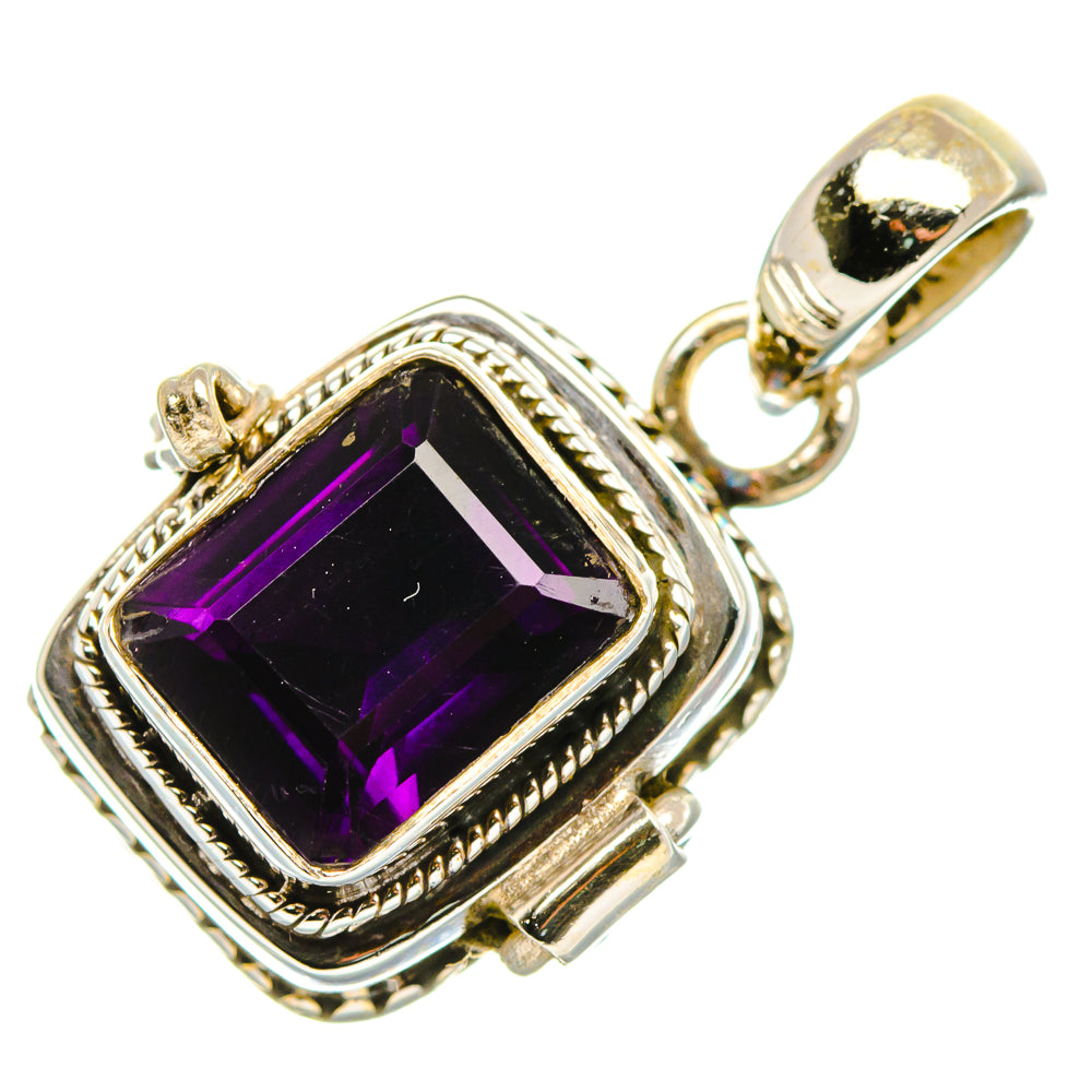 Amethyst gemstone pendant with rectangular faceted stone, silver bezel, and top bail