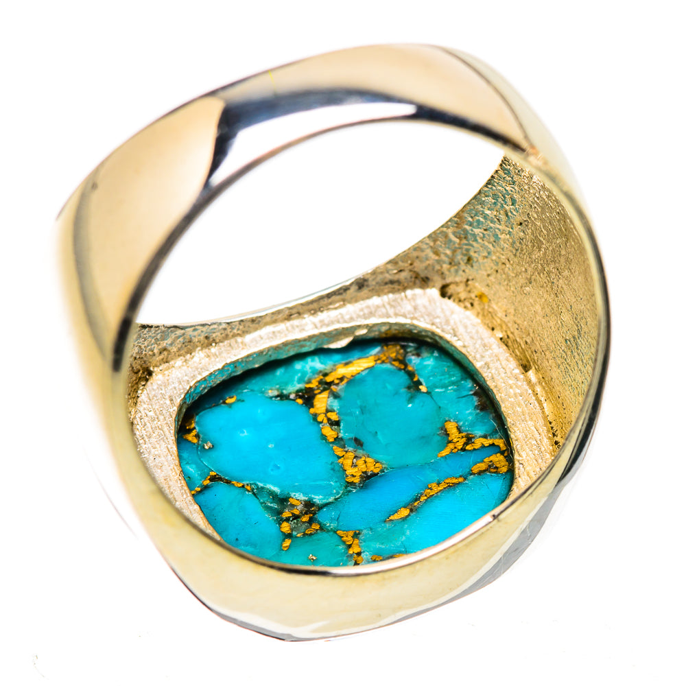 Turquoise oval cabochon sterling silver ring with gold matrix, open-top band, size 7.5