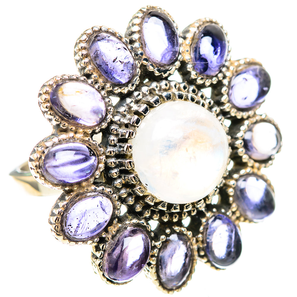 Sterling silver bezel-set moonstone ring with oval purple gemstones, wide halo