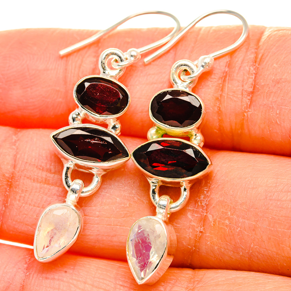 Ana Silver Co Garnet, Rainbow Moonstone Earrings 1 3/4" (925 Sterling Silver)
