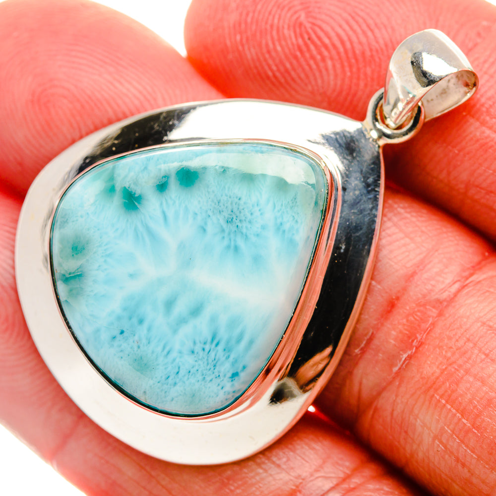 Larimar cabochon sterling silver pendant with teardrop blue stone and polished bail