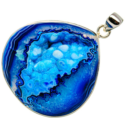 Oval blue druzy pendant with silver bezel and bail, 925 sterling silver