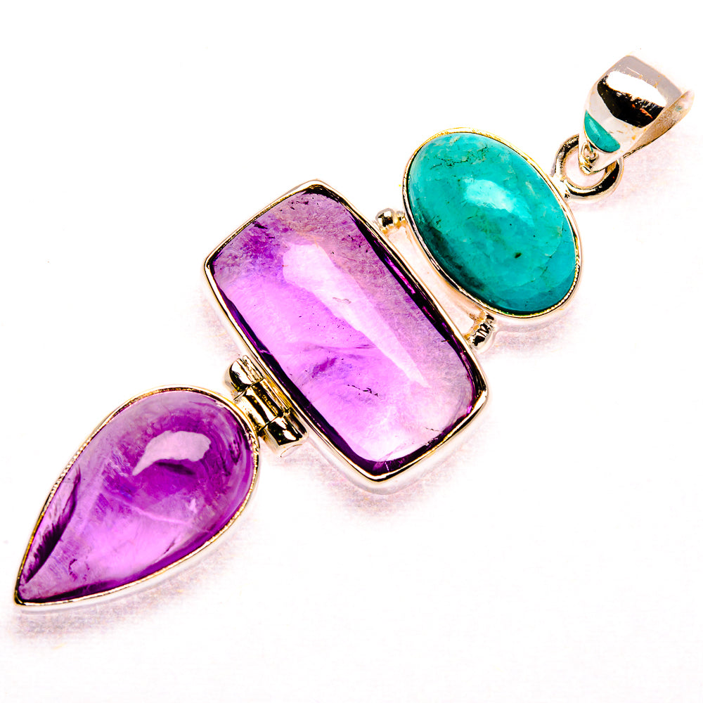 Sterling silver pendant with bezel-set amethyst and amazonite stones, top bail for chain