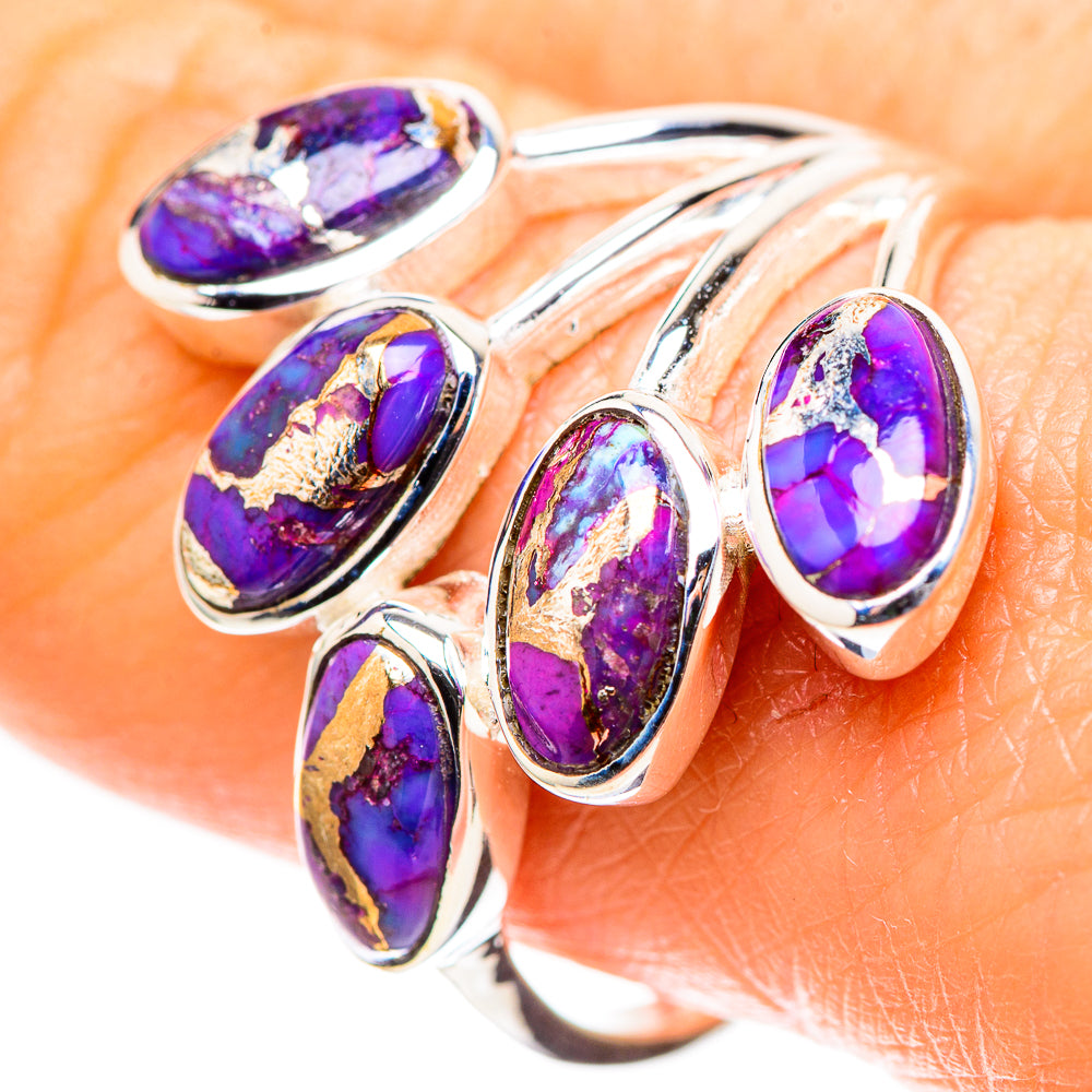 Sterling silver ring with five oval purple turquoise cabochons, polished metal settings