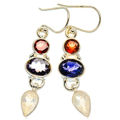 Faceted Tanzanite, Rainbow Moonstone, Garnet Earrings 1 3/4" (925 Sterling Silver) EARR431775