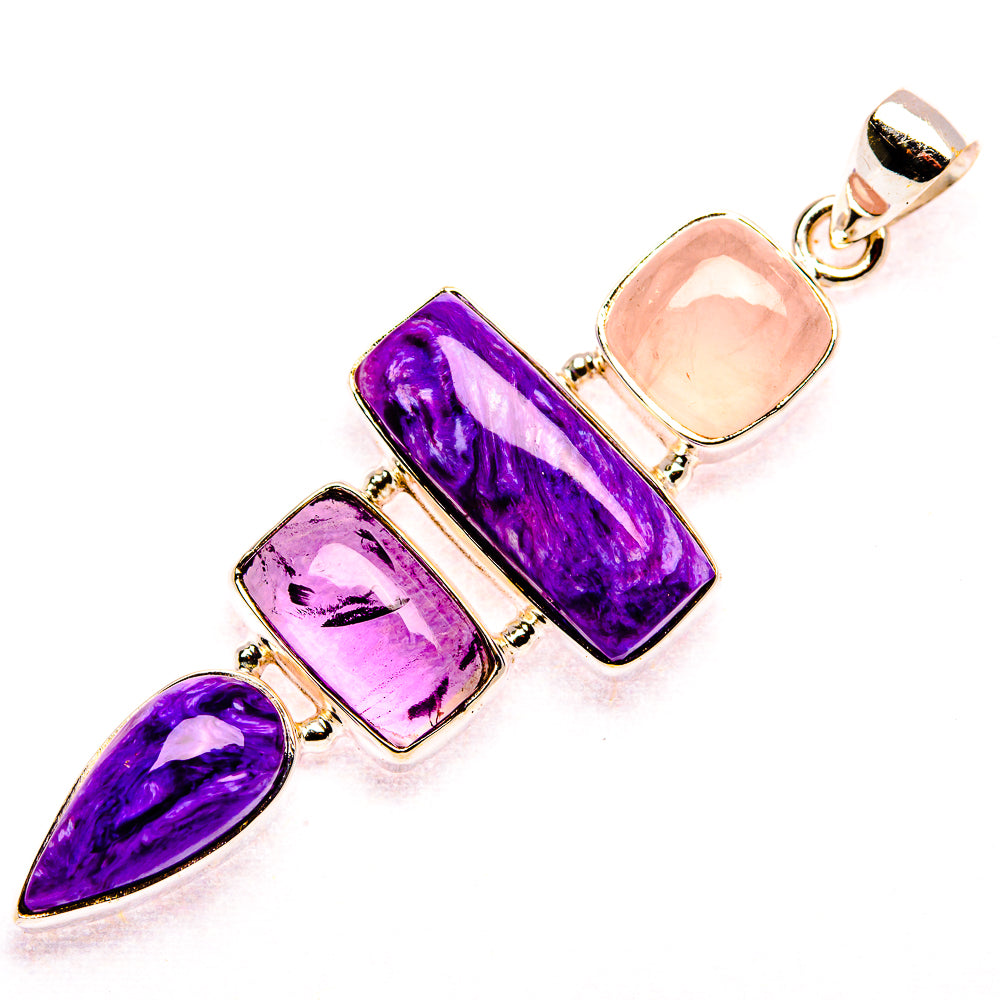 Charoite, Amethyst, Rose Quartz 925 Sterling Silver Pendant 2 1/2" (925 Sterling Silver) PD37651