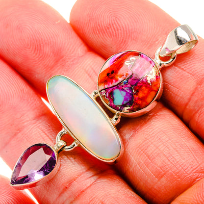 Aura Opal, Kingman Pink Dahlia Turquoise, Amethyst 925 Sterling Silver Pendant 2 1/8" (925 Sterling Silver) PD37710