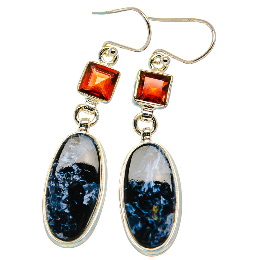 Sterling silver drop earrings with red square garnets and oval blue stone cabochons