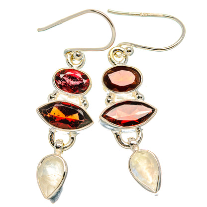 Garnet, Rainbow Moonstone 925 Sterling Silver Earrings 1 3/4" Ana Co E431729