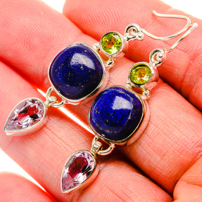 Lapis Lazuli, Pink Amethyst, Peridot 925 Sterling Silver Earrings 2" (925 Sterling Silver) EARR431924