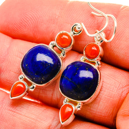 Lapis Lazuli, Red Coral 925 Sterling Silver Earrings 1 5/8" (925 Sterling Silver) EARR431943