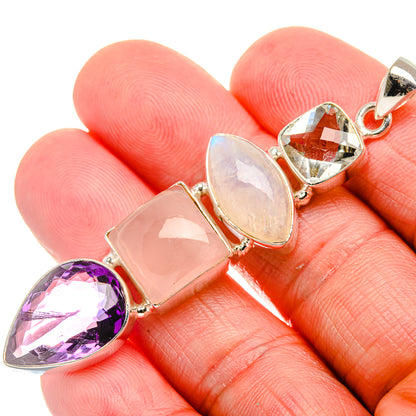 Faceted Amethyst, Rose Quartz, Rainbow Moonstone, Green Amethyst Pendant 2 5/8" (925 Sterling Silver) PD37593