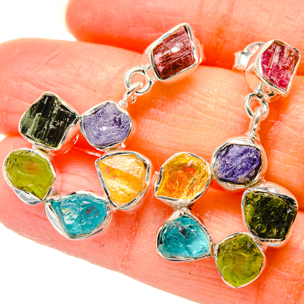 925 sterling silver rough multi-stone dangle earrings with colorful stones, hook backs