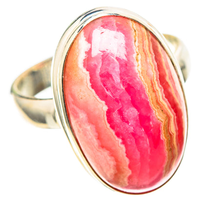 Oval pink rhodochrosite cabochon sterling silver ring with curved bezel setting