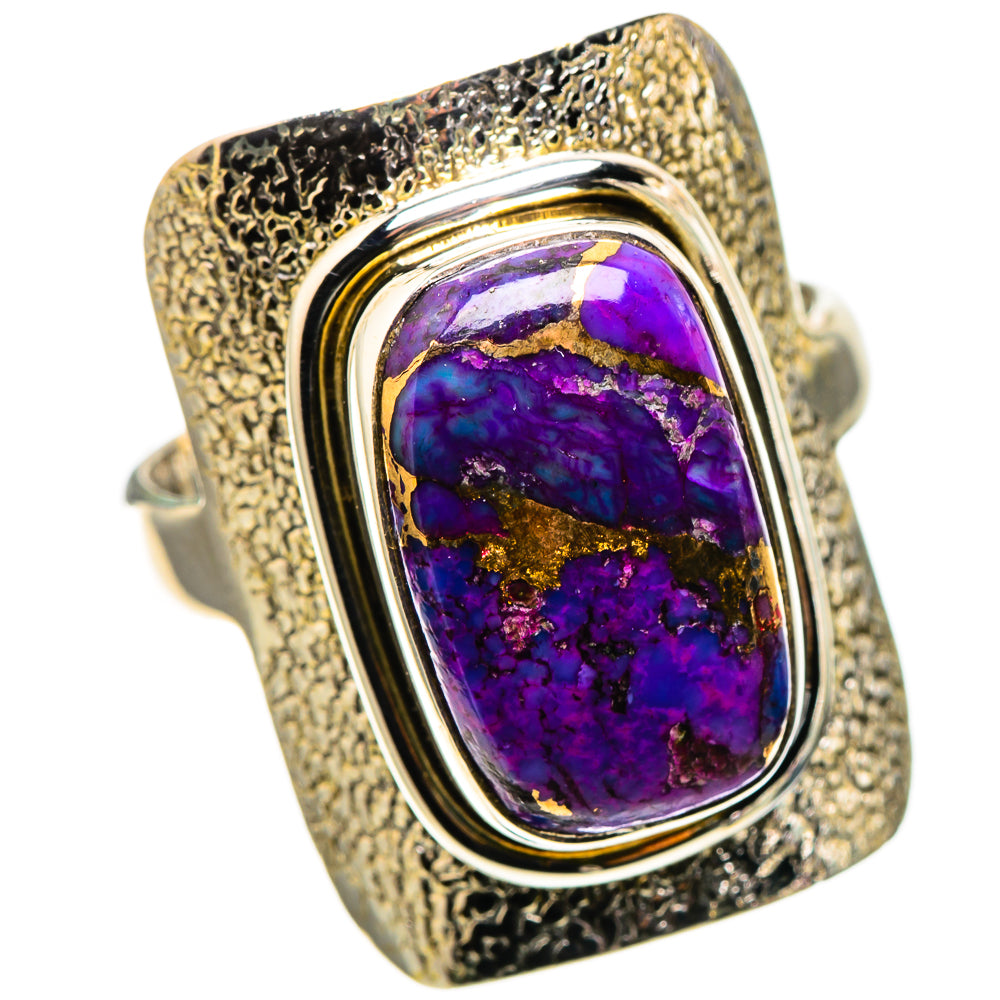 Sterling silver ring with textured band, oval purple turquoise cabochon bezel with gold flecks