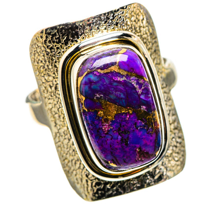 Sterling silver ring with textured band, oval purple turquoise cabochon bezel with gold flecks