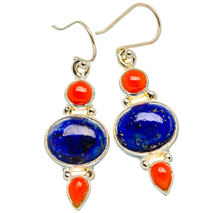 Lapis Lazuli, Red Coral Earrings 1 5/8" (925 Sterling Silver) EARR431899