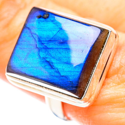 Labradorite sterling silver ring with square blue gemstone in polished bezel