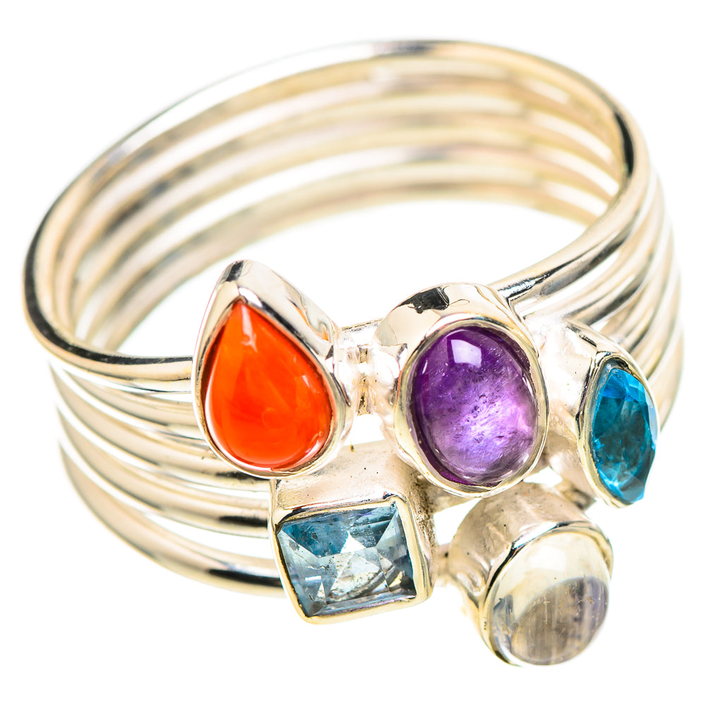 Sterling silver ring with orange, purple, and blue ovals plus a clear square gemstone