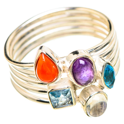 Sterling silver ring with orange, purple, and blue ovals plus a clear square gemstone