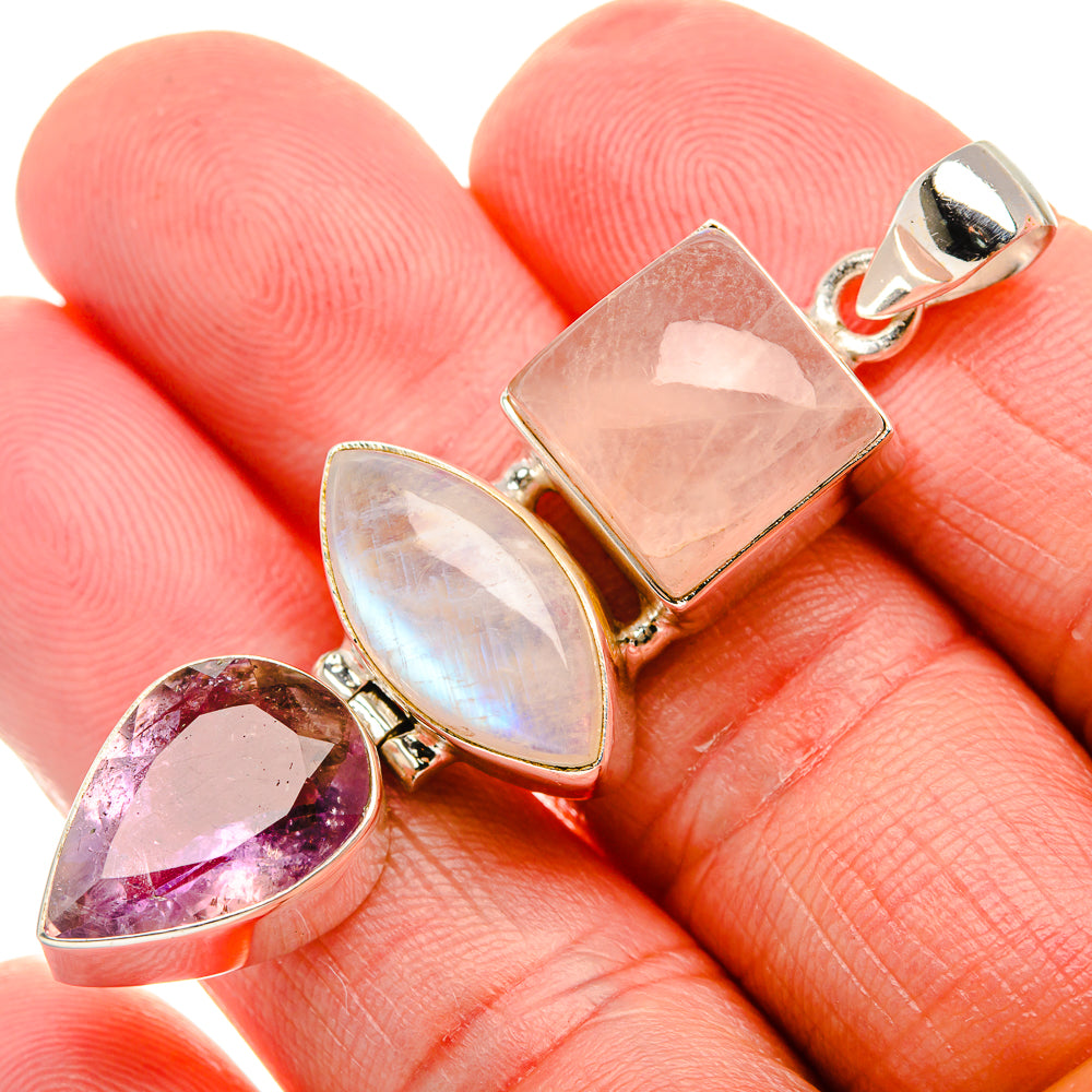 Rose Quartz, Rainbow Moonstone, Amethyst Pendant 2 1/8" (925 Sterling Silver) PD37526