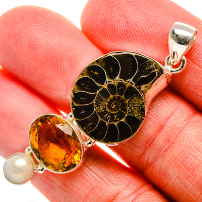 Ammonite Fossil, Citrine, Cultured Pearl Pendant 2" (925 Sterling Silver) PD37125