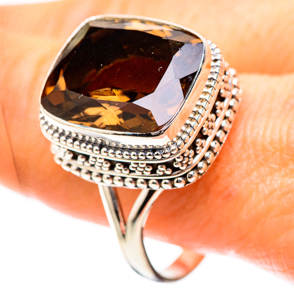 Smoky quartz sterling silver ring with oval smoky gem and beaded double halo band