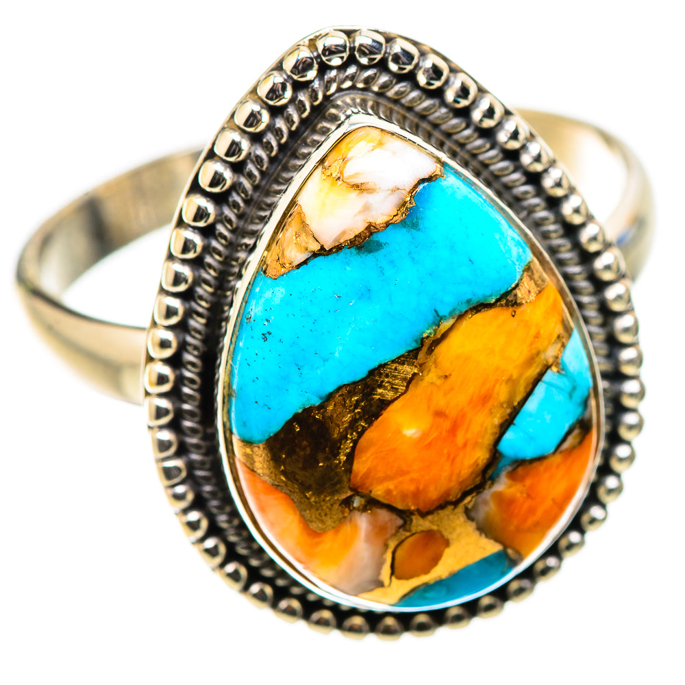 Sterling silver turquoise and orange spiny oyster oval ring, detailed bezel border