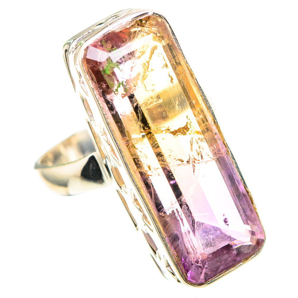 Sterling silver ring with faceted rectangular ametrine gemstone, golden orange with purple