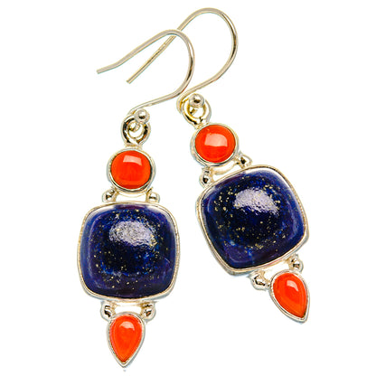 Lapis Lazuli, Red Coral Earrings 1 5/8" (925 Sterling Silver) EARR431894
