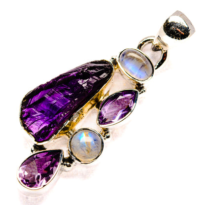 Rough Amethyst, Rainbow Moonstone Pendant 1 1/2" (925 Sterling Silver) PD36758