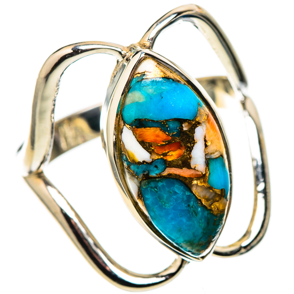 Turquoise oval inlay sterling silver ring with marbled orange-brown veining, side view
