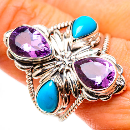 Turquoise and amethyst oval gemstone sterling silver ring with ornate braided prongs