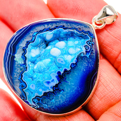 Blue window druzy pendant in silver bezel with round bail, 925 sterling silver