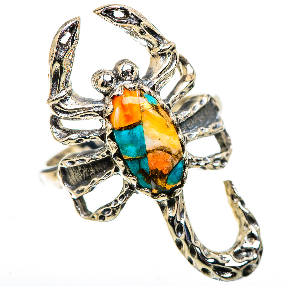 Sterling silver spiny oyster turquoise ring with turquoise and orange oval center