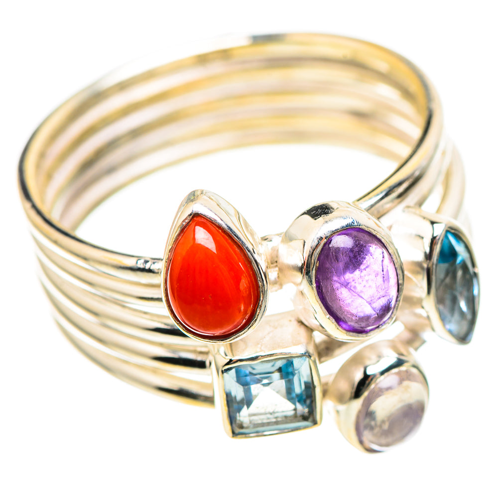 Sterling silver multi-stone ring with red oval, purple oval, blue round, and clear square