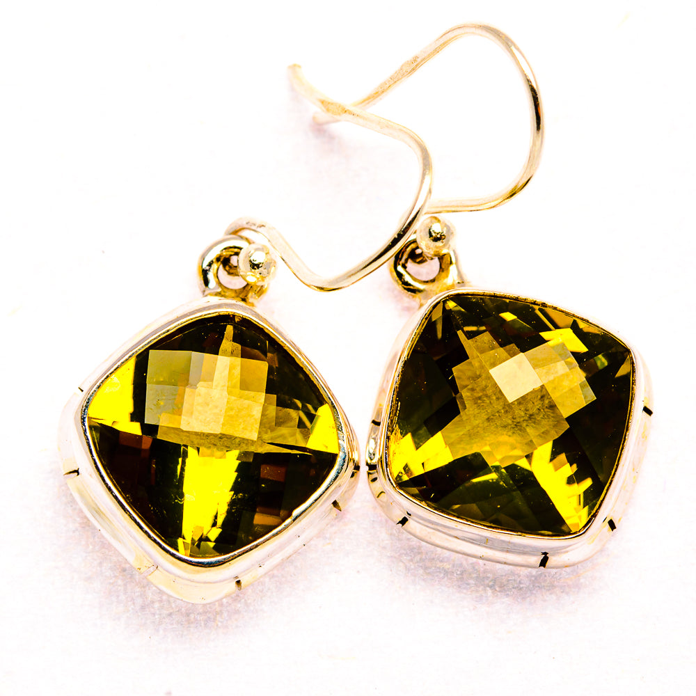 925 sterling silver olive quartz teardrop earrings with faceted stones and loop hooks
