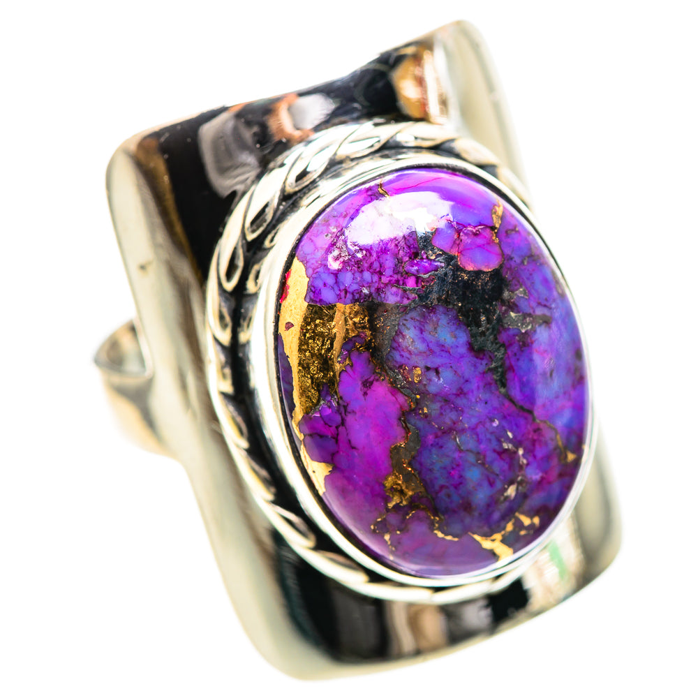 Sterling silver ring with large oval purple turquoise stone and braided metal details