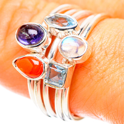 Silver gemstone ring with round purple, red oval, blue square, and moonstone white cabochon