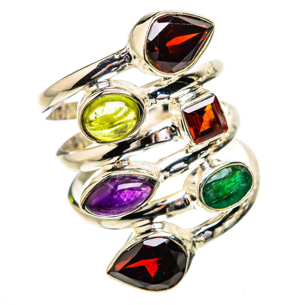 Silver multi-stone ring featuring red, green, purple, and black oval gemstones