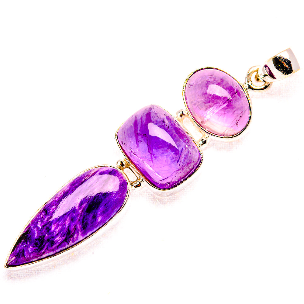 Amethyst pendant with three purple cabochon stones in 925 sterling silver bezel settings