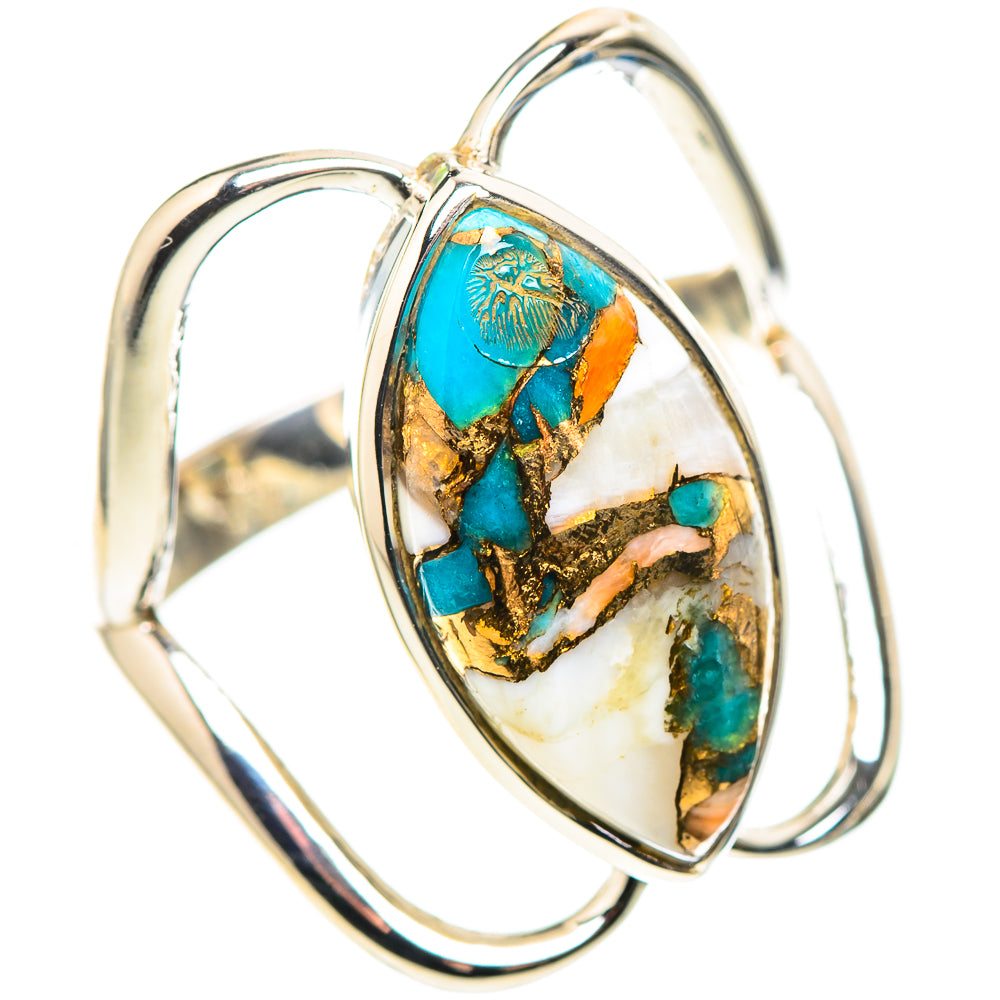 Side view of sterling silver ring with oval turquoise-and-gold oyster inlay