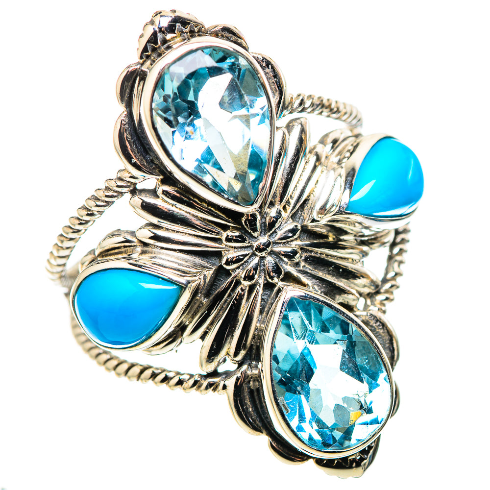 Sterling silver statement ring with three blue oval stones and blue turquoise side teardrops