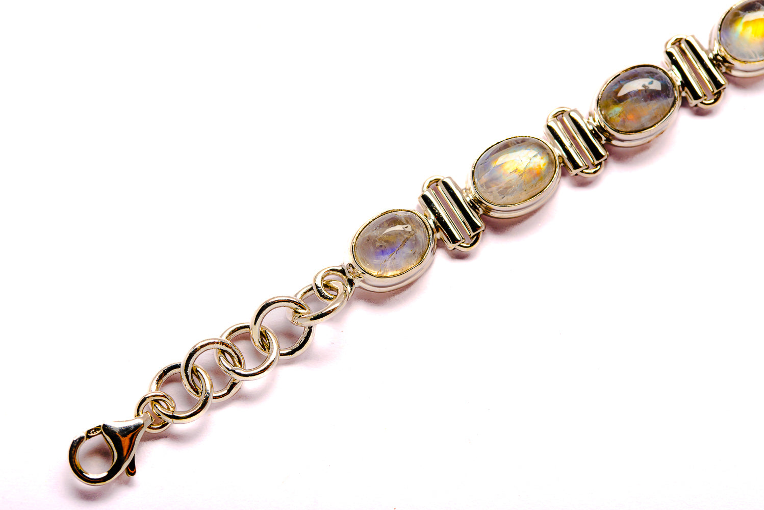 Rainbow moonstone bracelet with oval iridescent gemstones on sterling silver links