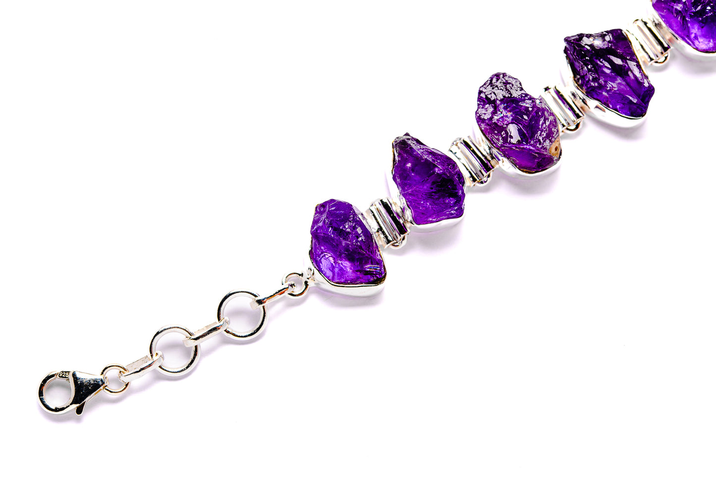 Rough amethyst bracelet with purple stones, silver clasp and lobster hook, 925 sterling silver.