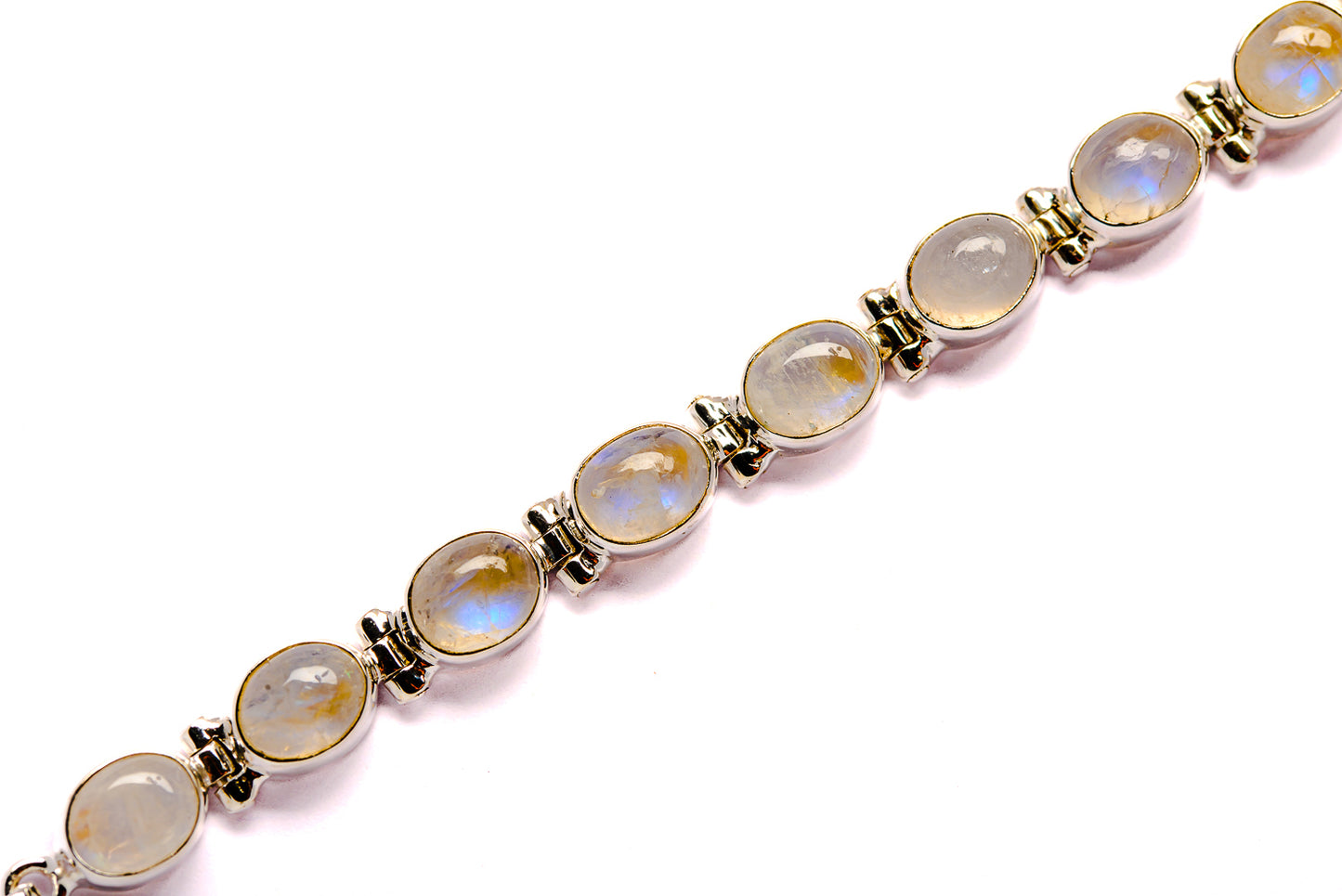 Sterling silver bracelet with oval rainbow moonstones in gold-tone settings