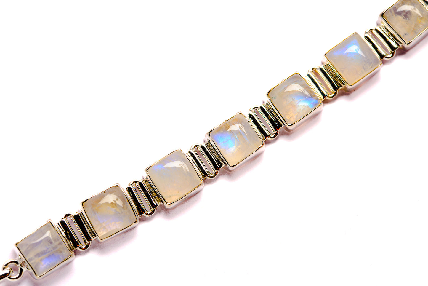 Sterling silver bracelet with iridescent rectangular stone links in row