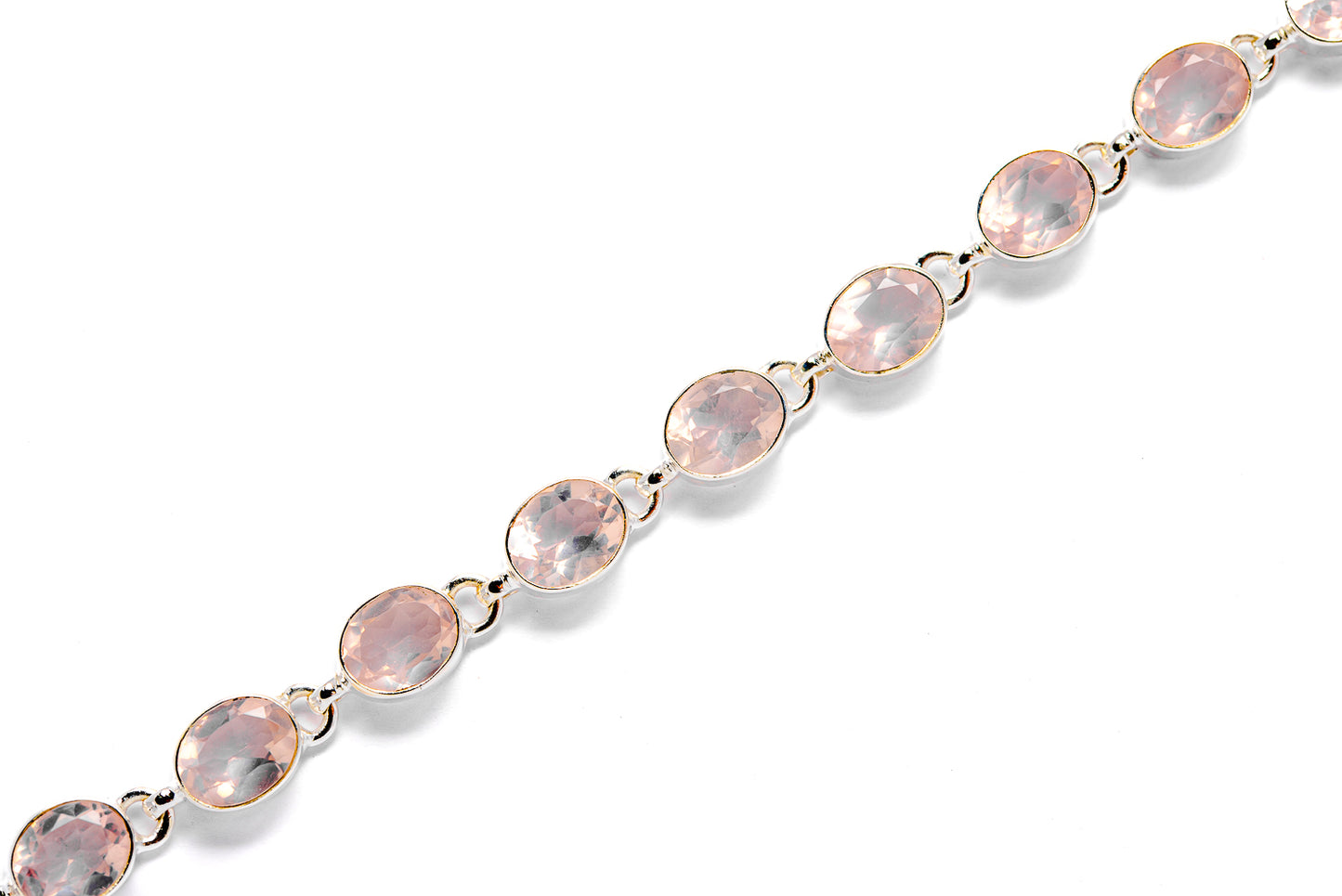 Rose quartz bracelet with oval pink stones in 925 sterling silver bezel links